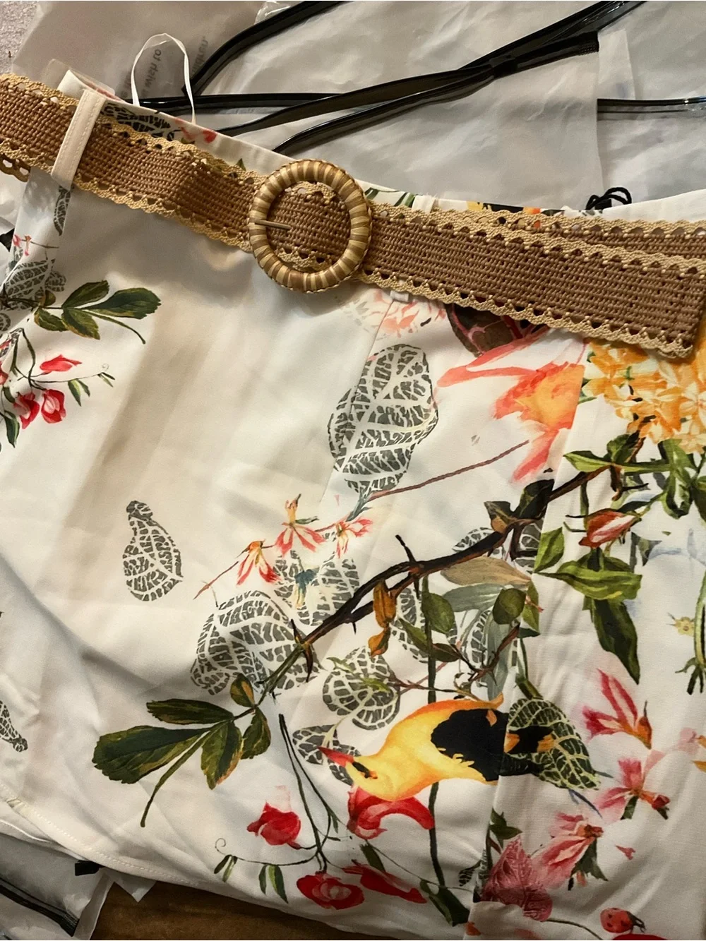 Commense White Mini Skirt with Floral & Bird Motif and Woven Tan Belt Size S